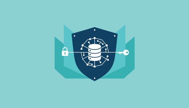 Secure cloud database system protected by a dark blue shield with padlock and key icons on a green background.