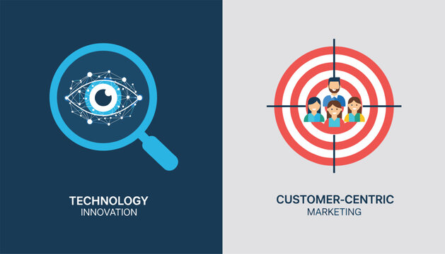 Technology innovation and customer-centric marketing concepts shown on split-screen with network eye magnifying glass and target audience.