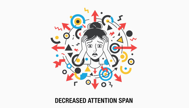 Overwhelmed woman suffering from a decreased attention span and information overload depicted with chaotic circular symbols.