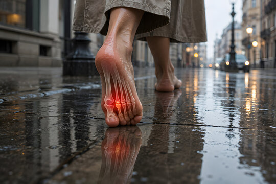 Barefoot walking on a rainy city sidewalk with transparent forefoot anatomy highlighting pain, reflected in shallow water. Premium healthcare, podiatry and rehabilitation concept.
