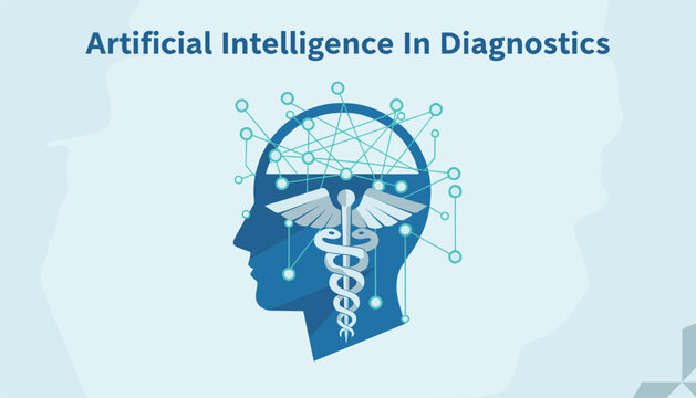 Profile of human head with digital neural network brain and caduceus medical symbol for diagnostic technology.