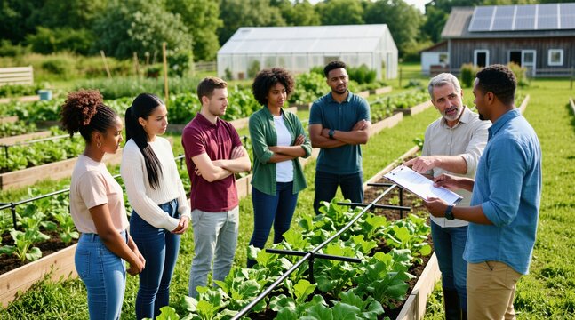 Diverse group learns modern farming methods in outdoor lesson. Instructor explains plan to students in sunny vegetable garden. Adults gain new skills with practical training.
