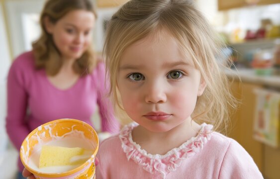 Child stands next to spilled milk holding a sponge while parent watches the moment of learning in a bright kitchen setting