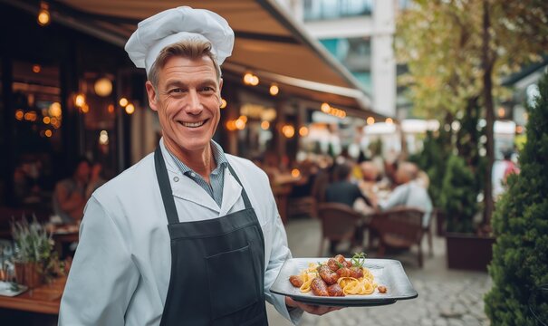 A chef smiles while holding fresh pasta outside an Italian restaurant during a busy day with customers enjoying their meals