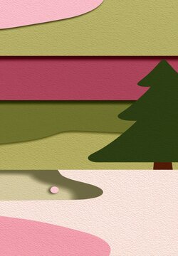 Creative paper layered design features a Christmas tree in green against a pastel pink backdrop, showcasing modern art style