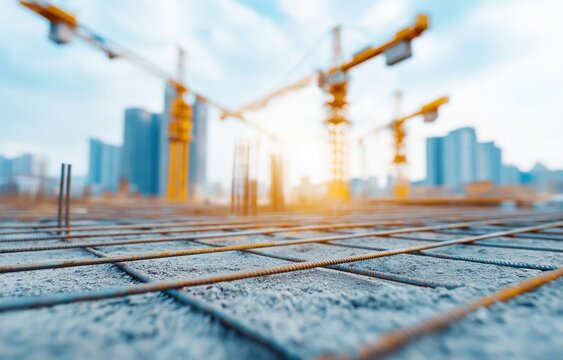 Construction workers use cranes to lift materials over rebar grid on concrete foundation in busy urban environment during day