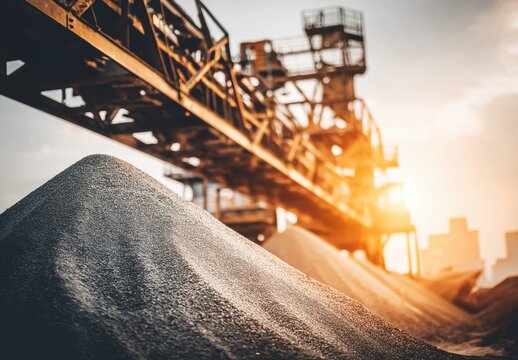 Conveyor belt moves stone in an open pit mine as the sun sets over piles of aggregate materials and a clear atmosphere