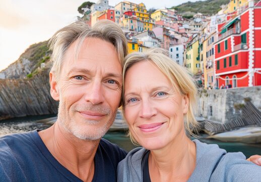 Influencers capture a moment together while enjoying a vacation in a vibrant coastal village in Italy surrounded by bright colors