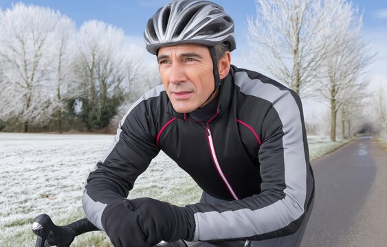 A male cyclist rides along a winter road, breath visible in the cold air, water bottle full in cage, frost on handlebars, landscape is quiet