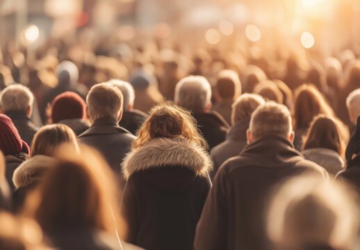 People are walking in a crowded city street, enjoying a lively atmosphere and the warmth of the sun in this bustling scene