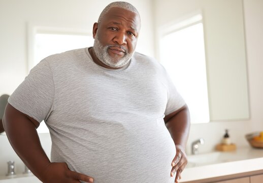 An ordinary man stands in front of a mirror with a worried expression in a clean bathroom environment and natural lighting