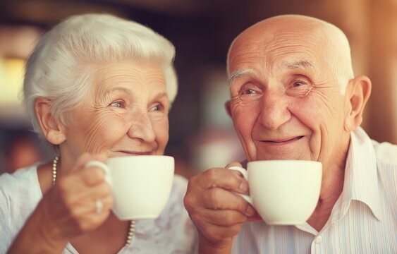 Elderly couple shares tea together in a bright dining room. Sunlight fills the space as they smile and connect over warm cups