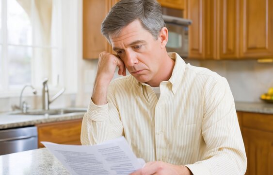 Senior man looks at health insurance bill showing 25000 annual premium in a Massachusetts kitchen during morning light