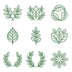Obraz premium Green leaf symbols and circular wreath icons set.