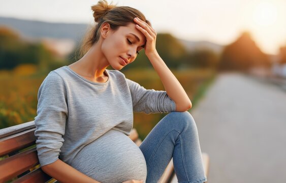 Ordinary pregnant woman sits on a bench looking tired and sweating under the heat, wiping her forehead and resting her legs in the sun