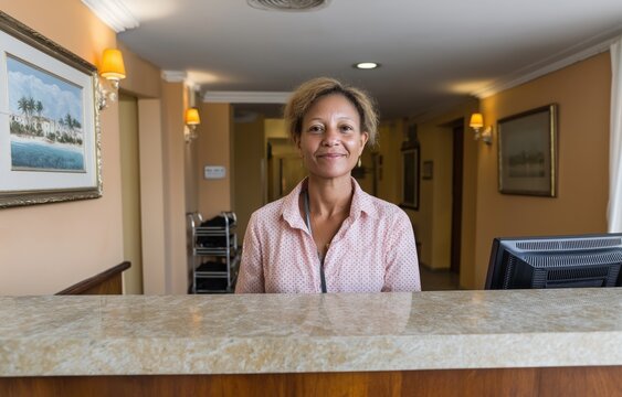 Receptionist checks reservation system showing cancellations and low occupancy in a quiet hotel lobby setting with dim lighting