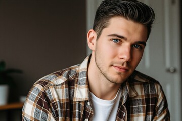 Fototapeta premium Young man with blue eyes wears plaid shirt looking directly camera. Casual indoor portrait of confident person at home, relaxed mood, natural light. People, male.