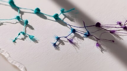 Fototapeta premium Teal to violet embroidery thread on torn paper canvas
