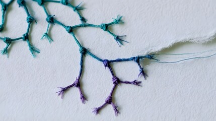 Fototapeta premium Frayed thread knots bleeding teal-violet dye on paper