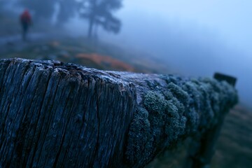 Fototapeta premium Weathered fence post in sharp macro against foggy valley