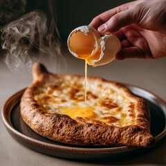 Fototapeta premium Whole khachapuri boat with cracked egg and melted cheese