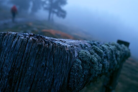 Weathered fence post in sharp macro against foggy valley