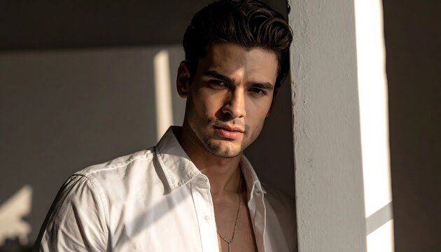 A young man in an unbuttoned white shirt standing by a wall