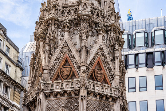 Queen Eleanor Memorial Cross in Charing Cross Station forecourt, designed by architect Edward Middleton Barry, sculptor Thomas Earp. A Victorian Gothic Revival replica, in London, United Kingdom