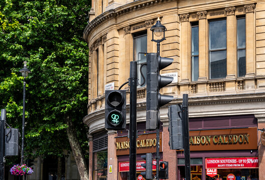 Pedestrian traffic light in Trafalgar Square displaying the universal female symbol (♀), installed as a symbol of gender equality and LGBT+ rights awareness in the heart of London, London, UK. 