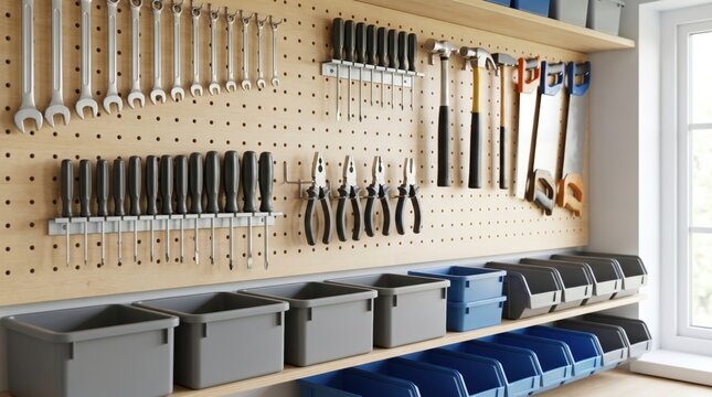 Various hand tools and plastic storage bins neatly arranged on a wall mounted pegboard