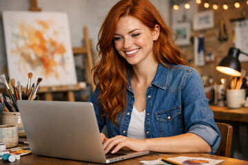 Fototapeta premium Smiling Young Woman Working on Laptop in Cafe with Coffee, Technology, Business and Online Communication Concept