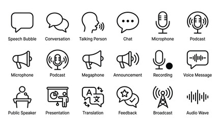 Fototapeta premium Collection of communication and media icons featuring linear symbols for speech and audio recording announcement broadcasting and translation services white.
