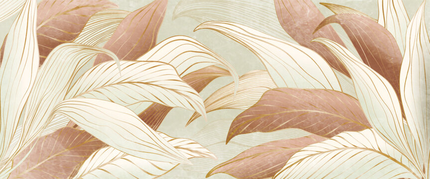 Premium art background with white tropical leaves in golden line art style. Botanical banner for decor, wallpaper, prints, textiles, posters, packaging.