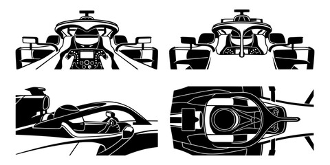 Obraz premium Formula 1 Driver Cockpit Silhouette Set, Racing Car Halo and Steering Wheel Vector Stencils