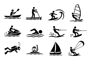 Obraz premium Black silhouette water sports activity icons collection featuring kayaking paddleboarding surfing windsurfing swimming water skiing scuba diving snorkeling sailing and kitesurfing