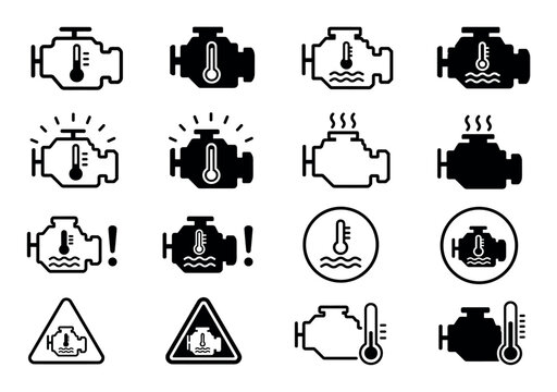 Check engine temperature warning light icon set representing car motor overheating and cooling system malfunction alerts for dashboard displays
