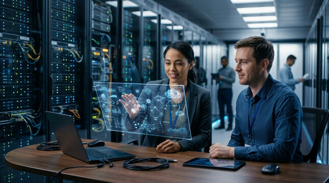 Two IT professionals analyzing data on a transparent screen in a server room