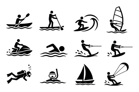 Black silhouette water sports activity icons collection featuring kayaking paddleboarding surfing windsurfing swimming water skiing scuba diving snorkeling sailing and kitesurfing