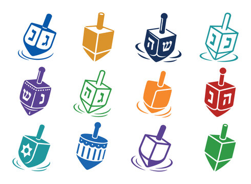 Colorful Hanukkah dreidel icons set with Hebrew letters representing the traditional Jewish spinning top game played during the festival of lights