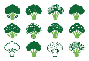 Obraz premium Broccoli icon set of green vegetable symbols representing healthy eating and organic nutrition for culinary designs and vegetarian menus