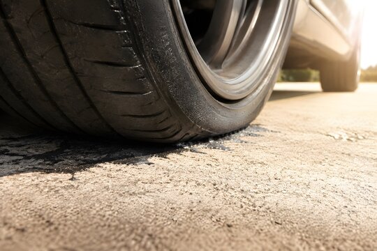 Car tires parked on scorching concrete rubber soft and sticky at contact patch pure visual