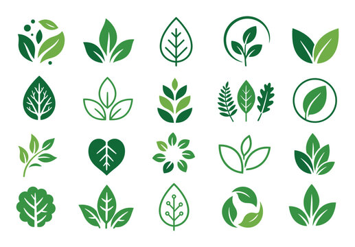 Green leaf icons and eco friendly symbols set representing nature, organic growth, environmental conservation, and sustainable lifestyle concepts