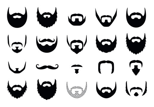 Beard and mustache silhouette vector icon set featuring various facial hair styles for men including goatees, mutton chops, and full beards for barbershop design