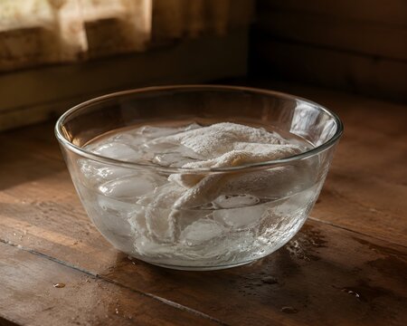 Ice Water Bowl With Soaked Towel Half Melted In Stifling Hot Room