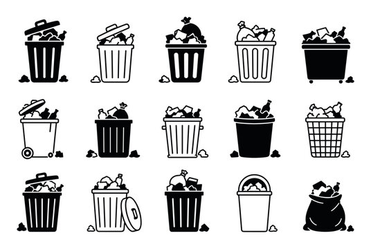 Trash can icons set representing waste management and garbage disposal with various bins overflowing with rubbish and litter in a clean black and white vector style