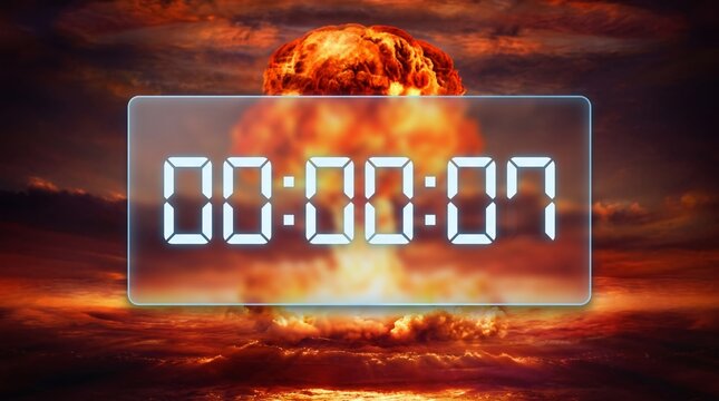Nuclear explosion with digital countdown timer showing seven seconds remaining. Concept of global disaster and doomsday clock. Threat of war and climate change emergency with atomic mushroom.