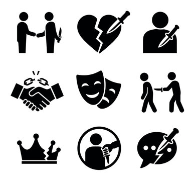 Betrayal and backstabbing black vector icon set representing broken trust, lies, fake friendship, and deception in relationships