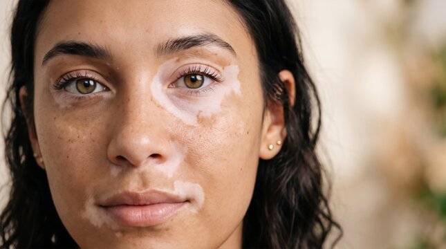 Portrait of a woman with vitiligo skin condition. Close up face of a healthy young female showing natural pigmentation patterns. Beauty, self acceptance and diversity in skincare concept.