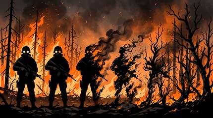 Fototapeta premium Armed soldiers in gas mask standing in forest fire. Military unit operating in burning woodland. Concept of environmental disaster, chaos, war zone and destruction in nature background.