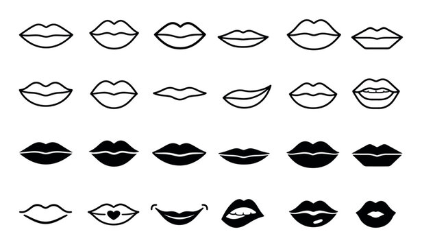 Lips icon set with various mouth shapes including smiles, kisses, and biting expressions in both outline and solid black vector styles